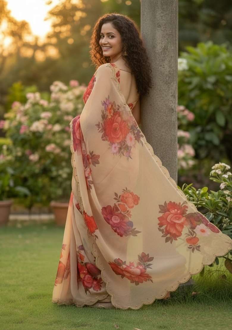 Beige Printed Georgette Saree Set for Diwali and Festive Wear - Indya