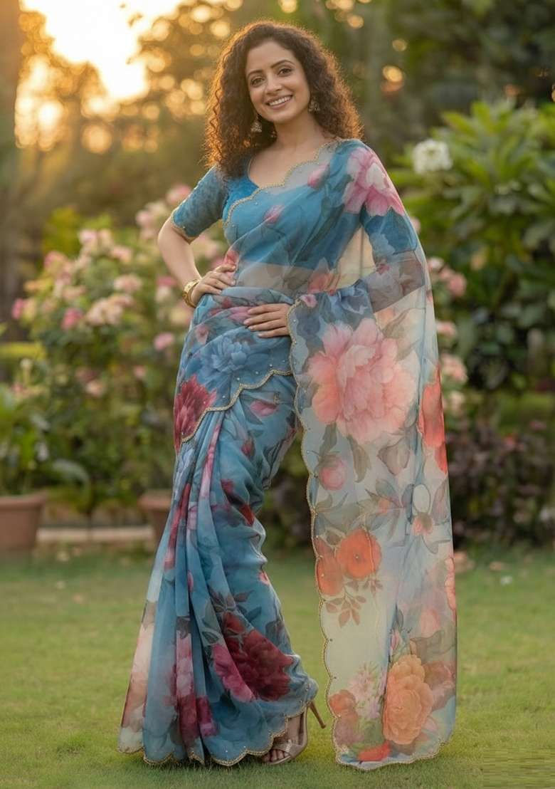 Light Blue Georgette Saree Set with Printed for Diwali | Wedding & Festive Wear - Indya