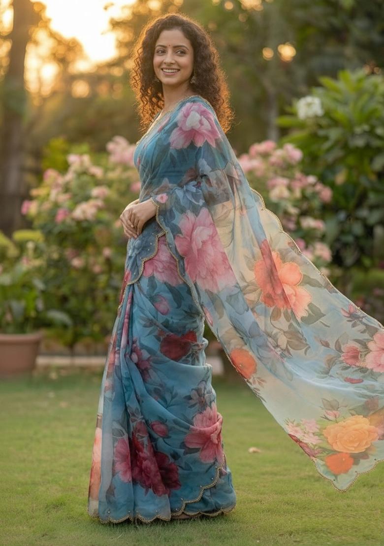 Light Blue Printed Georgette Saree Set - Indya