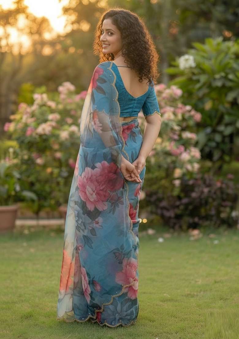 Light Blue Georgette Saree Set with Printed for Diwali | Wedding & Festive Wear - Indya