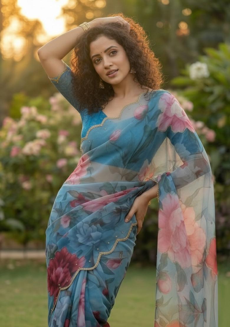 Light Blue Printed Georgette Saree Set - Indya