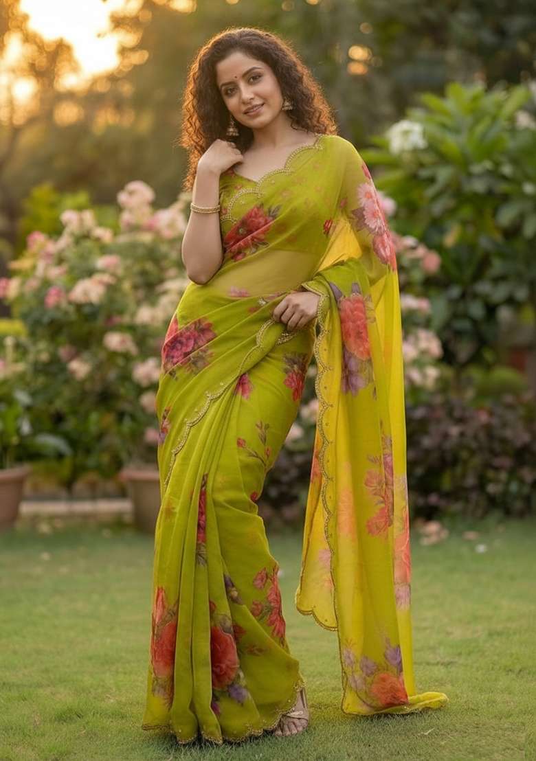 Perrot Georgette Saree Set with Printed for Diwali | Wedding & Festive Wear - Indya