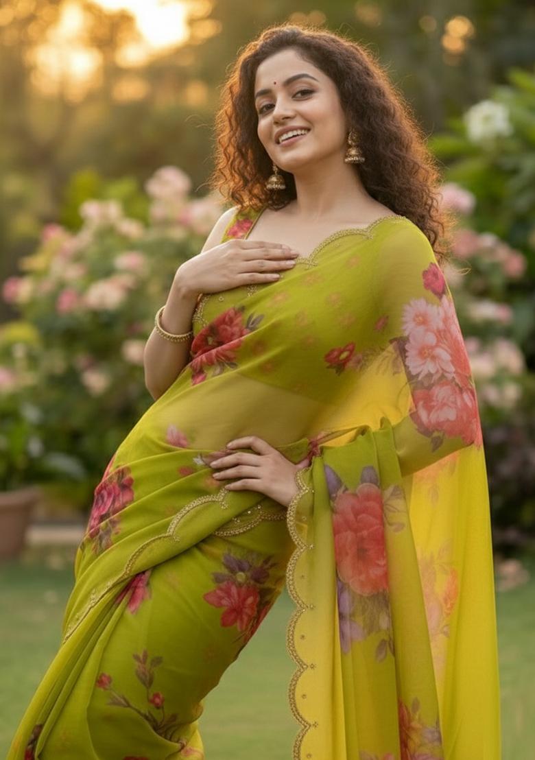 Perrot Printed Georgette Saree Set - Indya