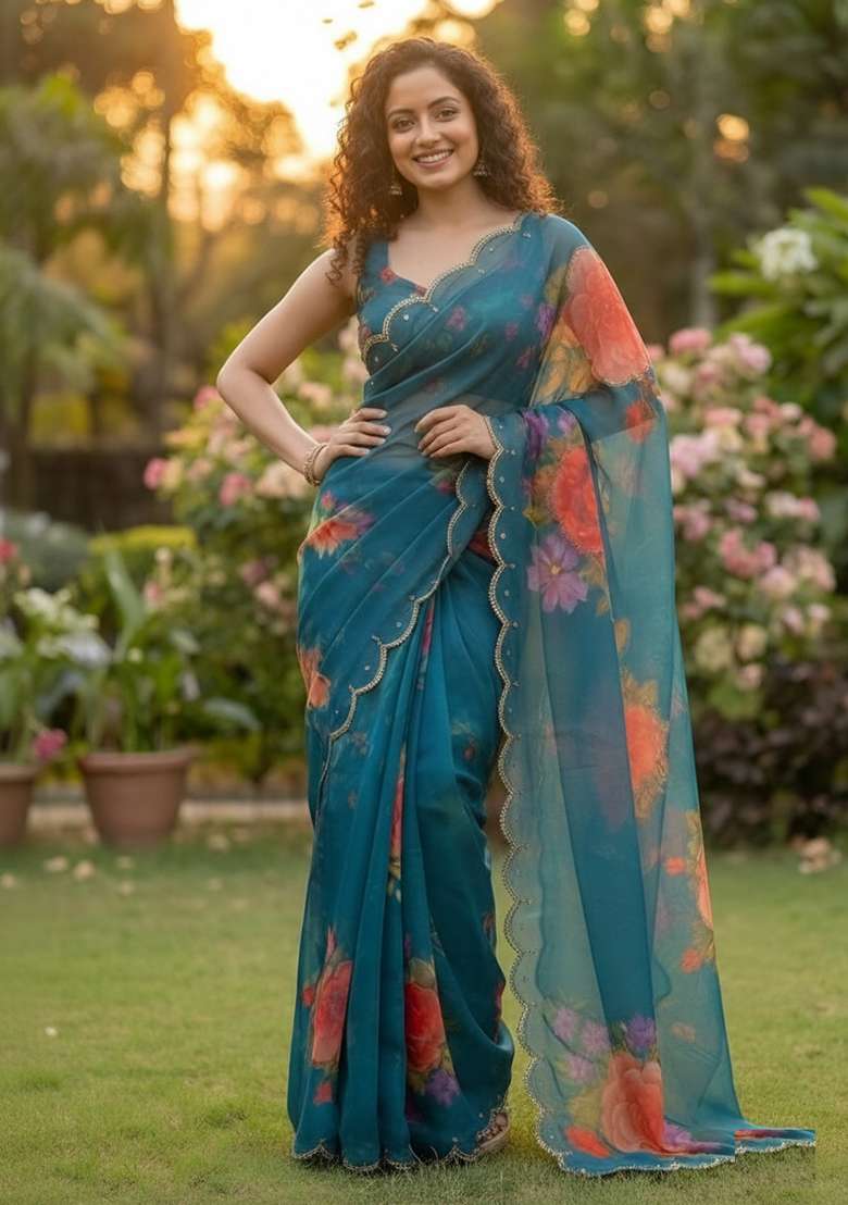 Teal Blue Printed Georgette Saree Set for Diwali and Festive Wear - Indya