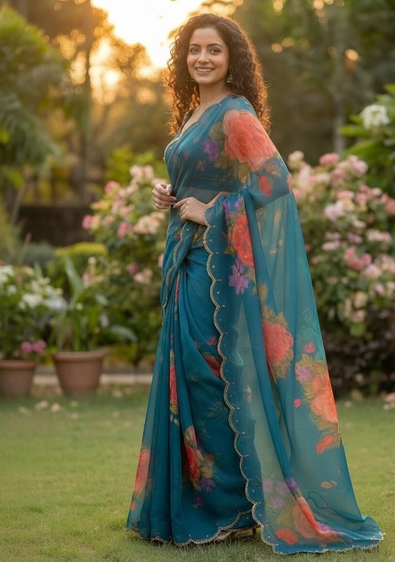 Teal Blue Printed Georgette Saree Set - Indya
