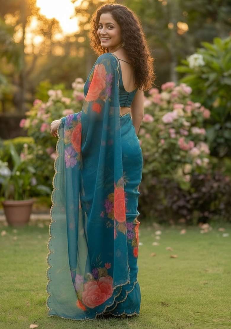 Teal Blue Printed Georgette Saree Set for Diwali and Festive Wear - Indya