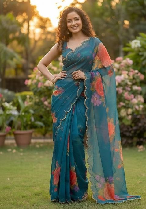 Teal Blue Printed Georgette Saree Set