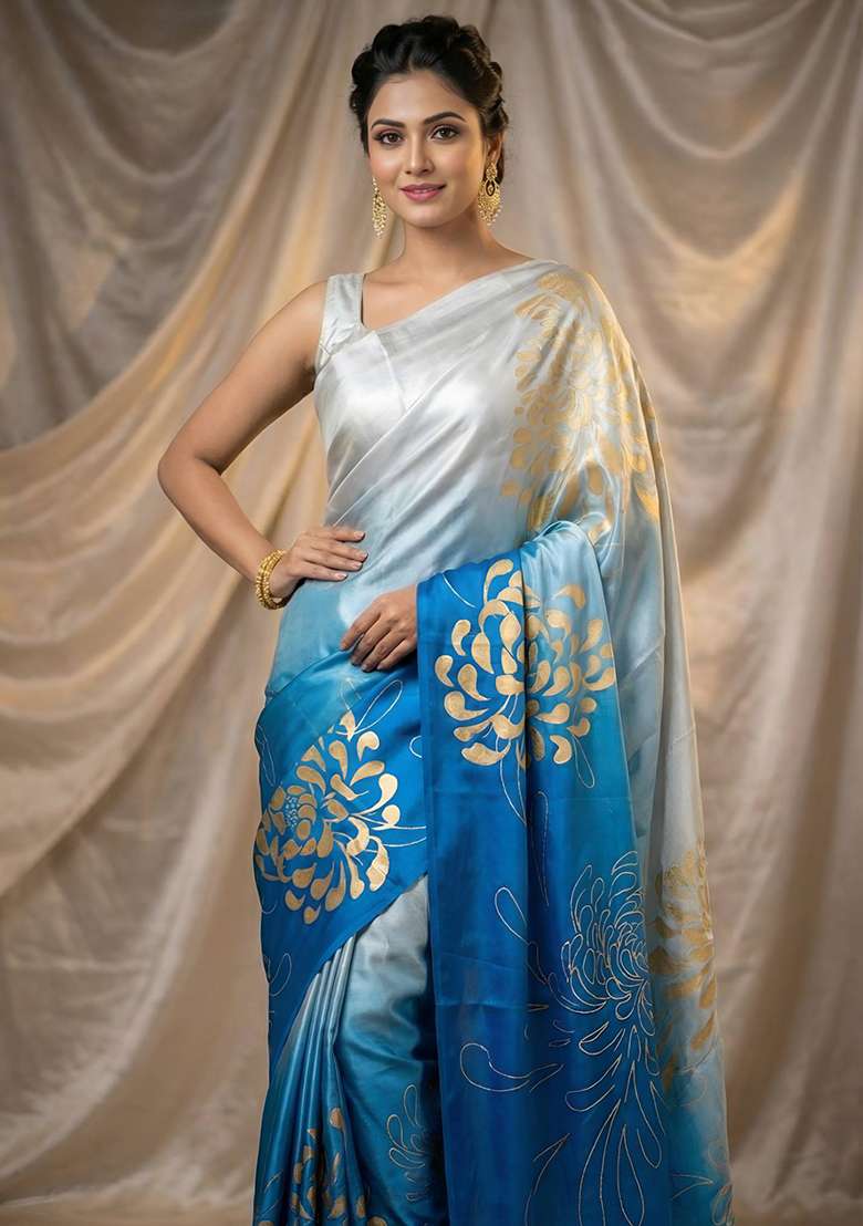 Sky Blue Printed Silk Blend Saree Set for Diwali and Festive Wear - Indya
