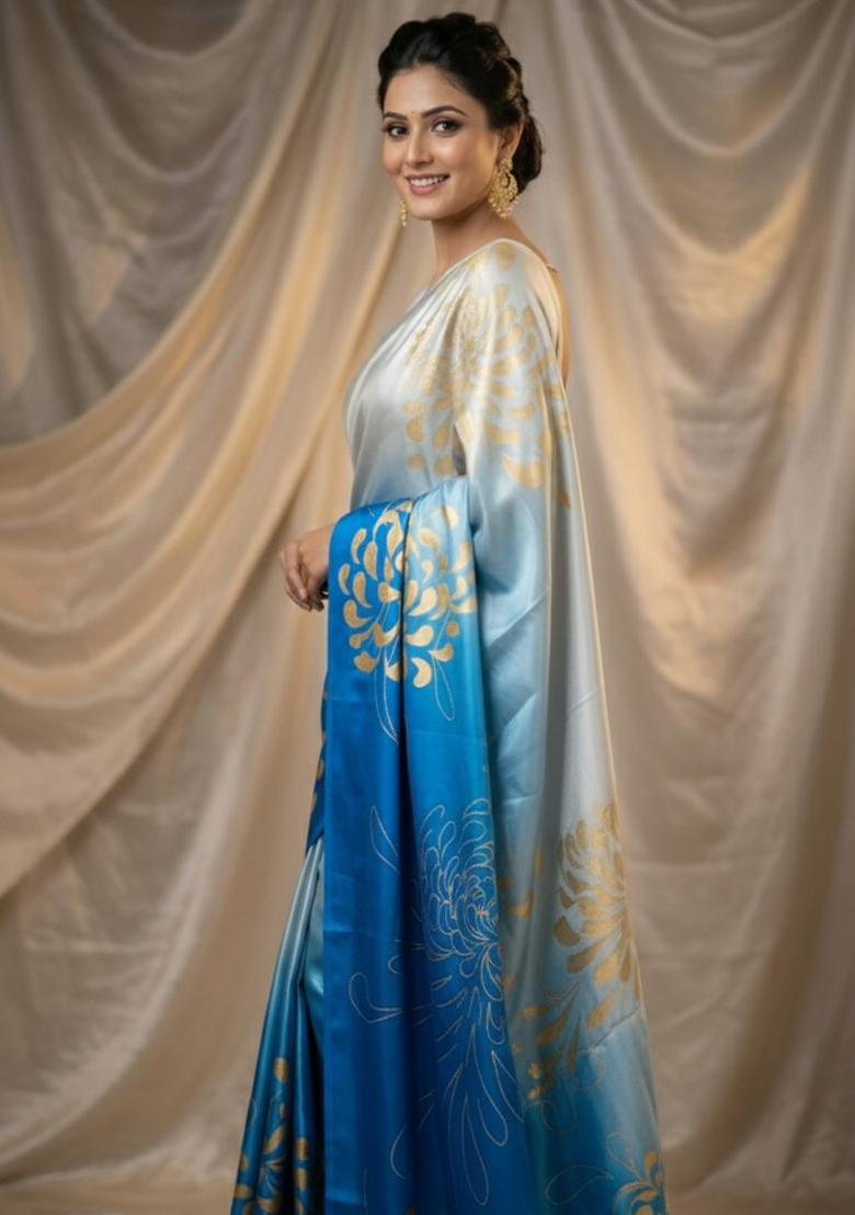 Sky Blue Printed Silk Saree Set - Indya