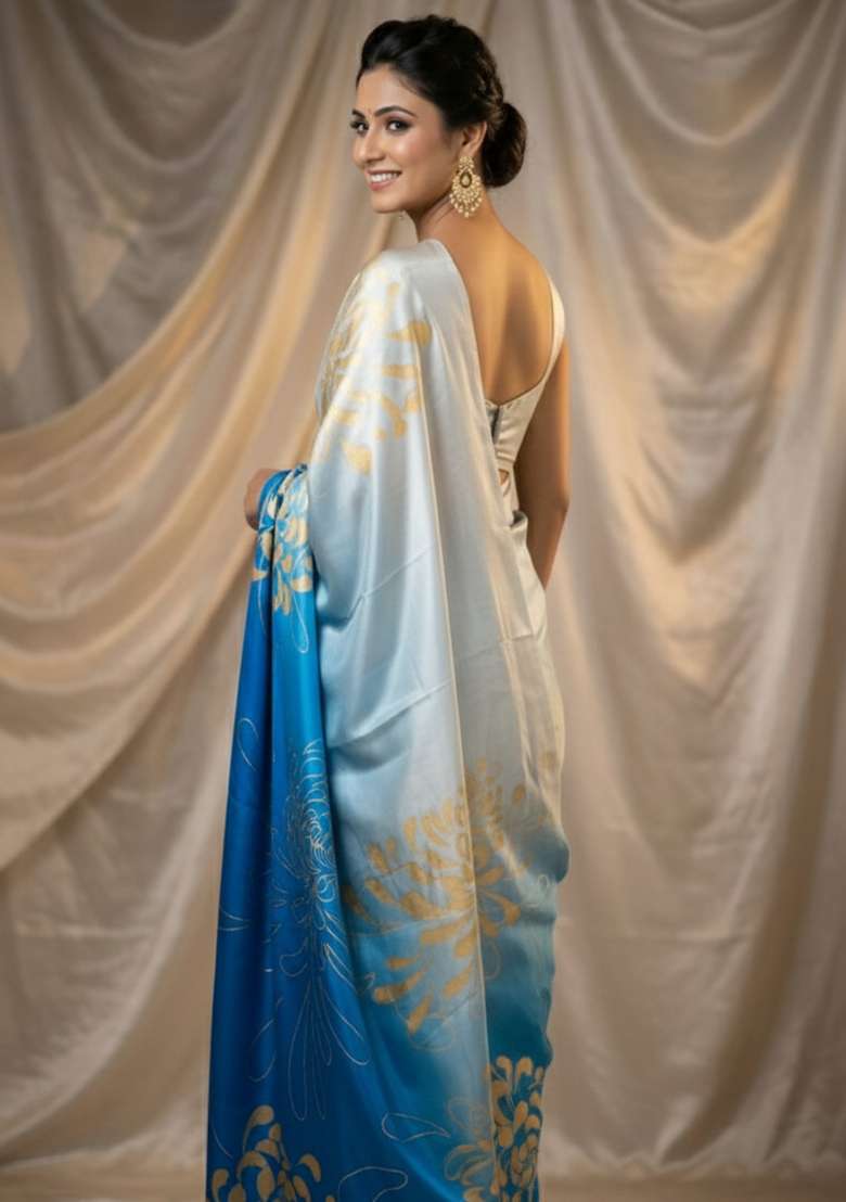 Sky Blue Printed Silk Blend Saree Set for Diwali and Festive Wear - Indya