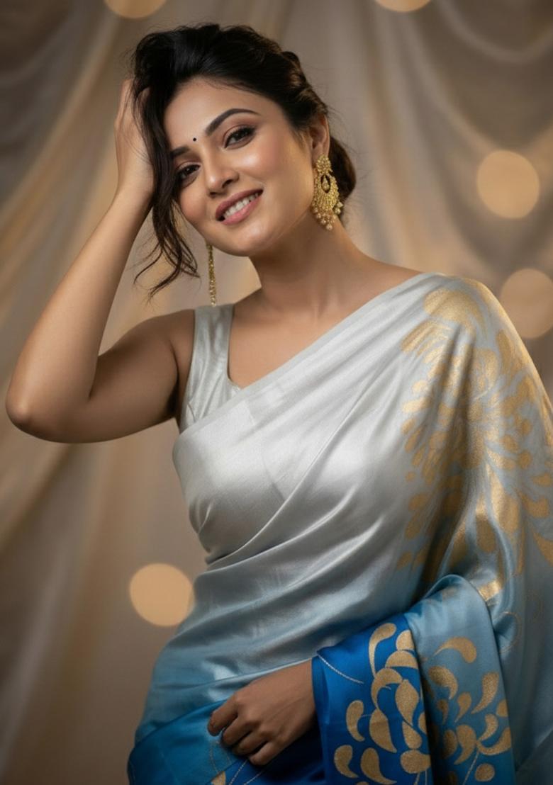 Sky Blue Printed Silk Saree Set - Indya