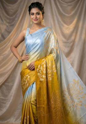 Yellow Printed Silk Saree Set