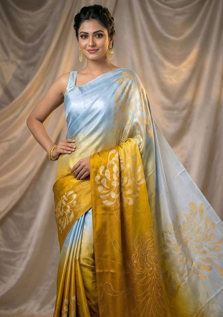 Yellow Printed Silk Blend Saree Set for Diwali and Festive Wear - Indya