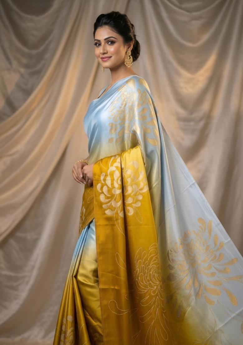 Yellow Printed Silk Saree Set - Indya