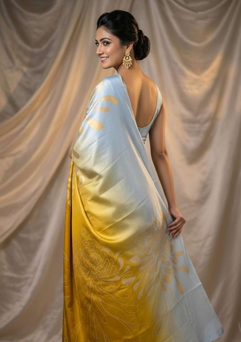 Yellow Printed Silk Blend Saree Set for Diwali and Festive Wear - Indya
