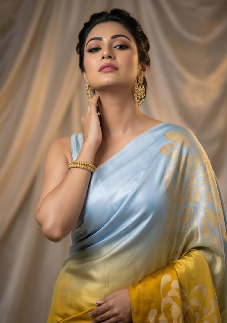 Yellow Printed Silk Saree Set - Indya