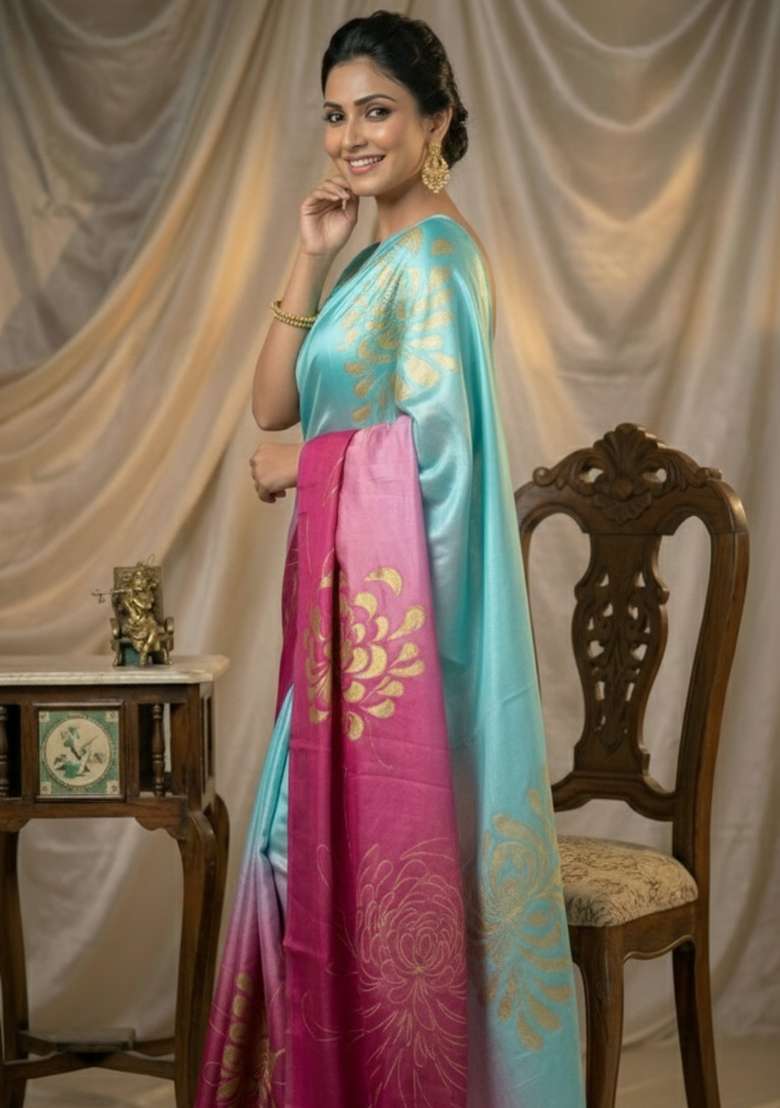 Pink Silk Blend Saree Set with Printed for Diwali | Wedding & Festive Wear - Indya