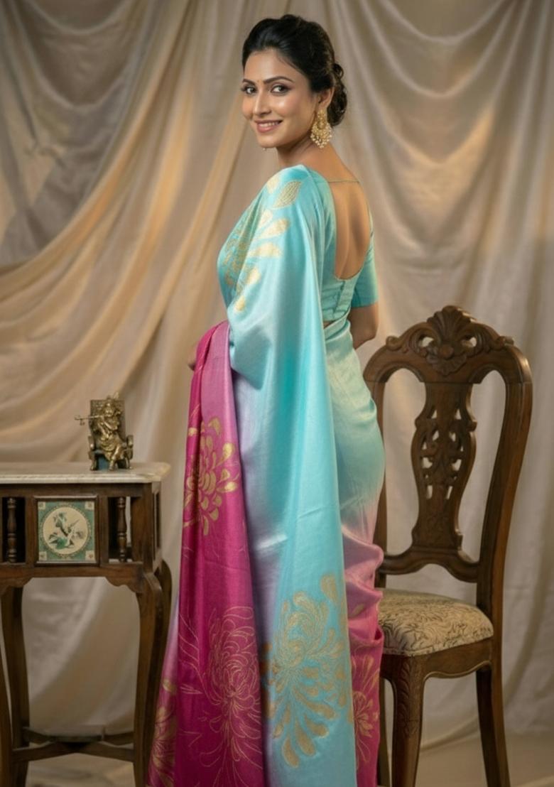 Pink Printed Silk Saree Set - Indya