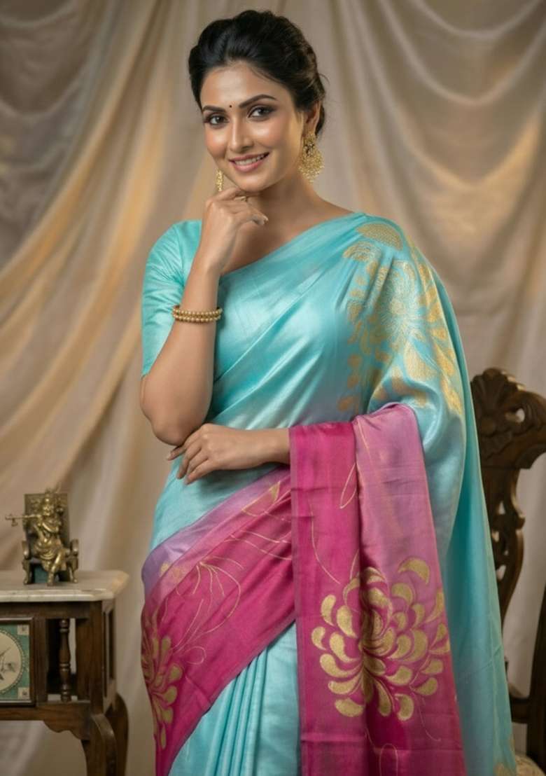 Pink Silk Blend Saree Set with Printed for Diwali | Wedding & Festive Wear - Indya