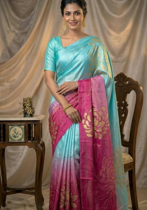 Pink Printed Silk Saree Set