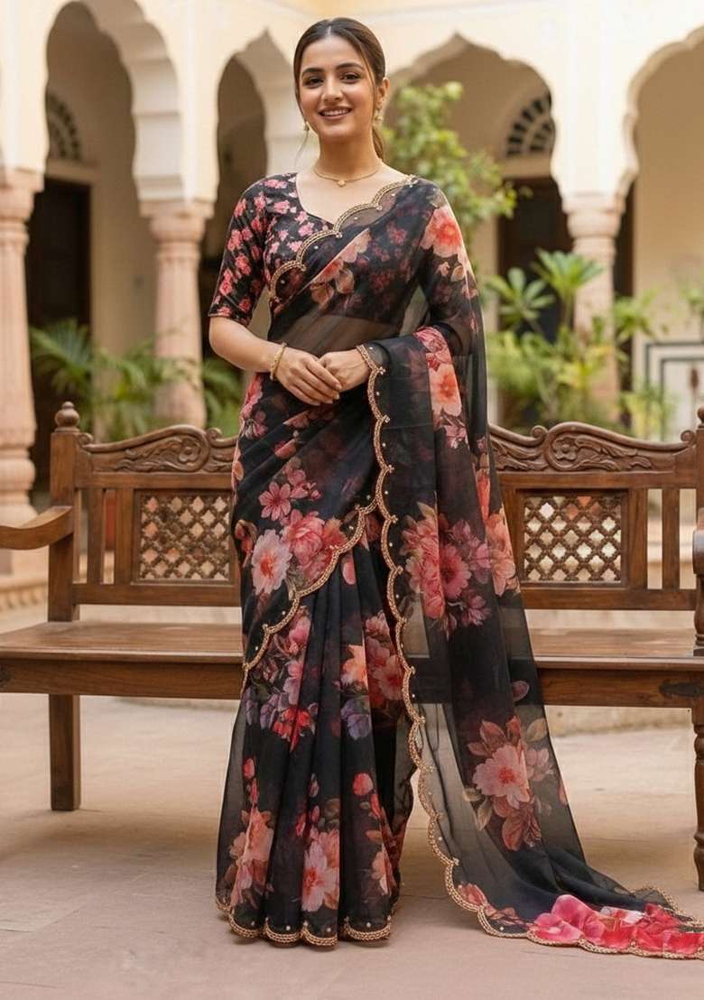 Black Georgette Saree Set with Printed for Diwali | Wedding & Festive Wear - Indya
