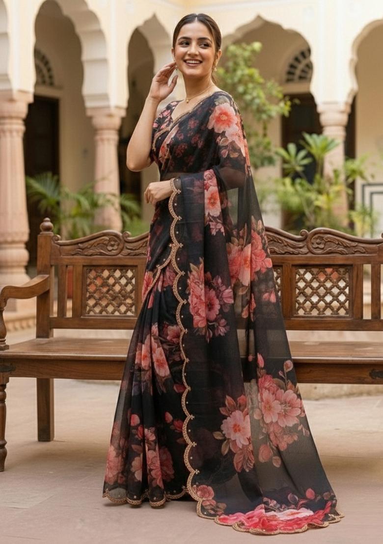 Black Printed Georgette Saree Set - Indya