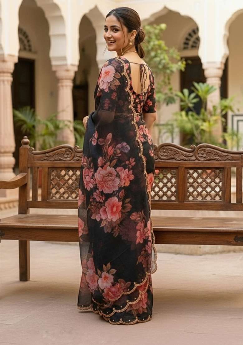 Black Georgette Saree Set with Printed for Diwali | Wedding & Festive Wear - Indya