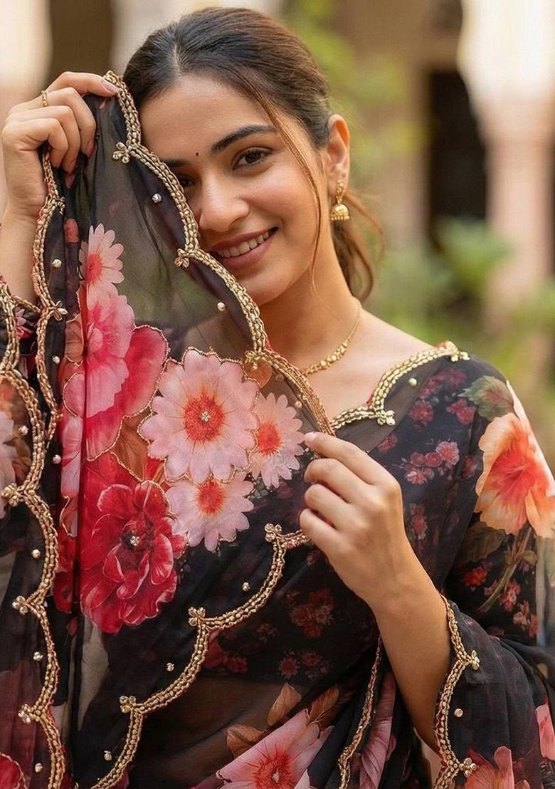 Black Printed Georgette Saree Set - Indya