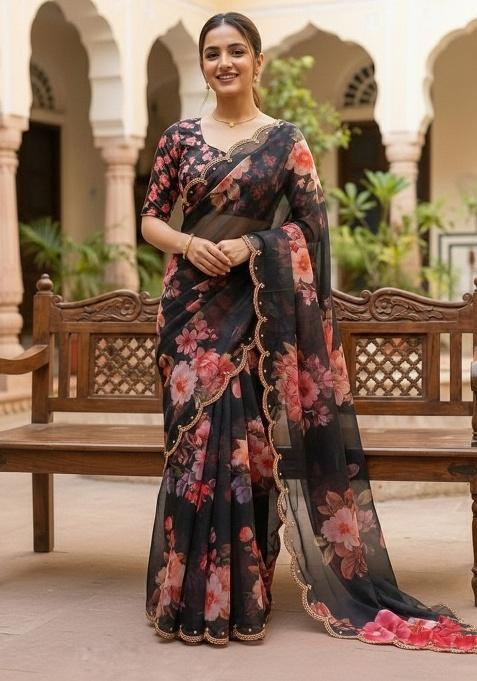 Black Printed Georgette Saree Set