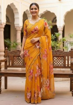 Yellow Printed Georgette Saree Set