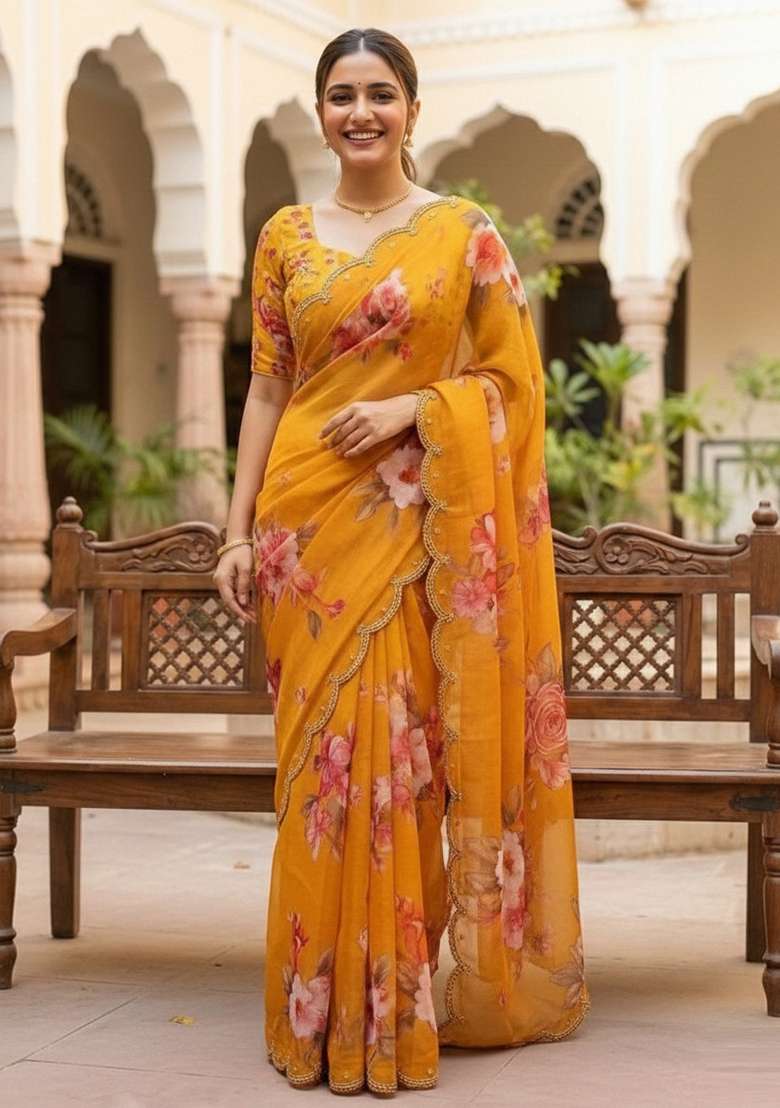 Yellow Printed Georgette Saree Set for Diwali and Festive Wear - Indya