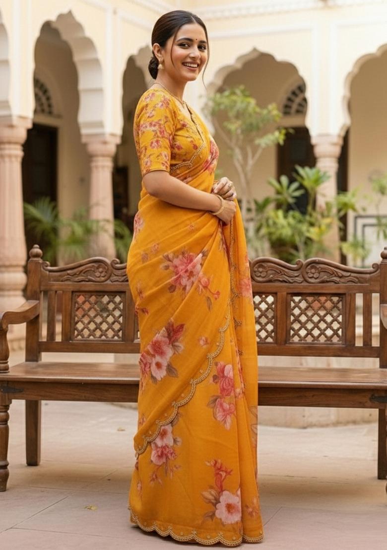 Yellow Printed Georgette Saree Set - Indya