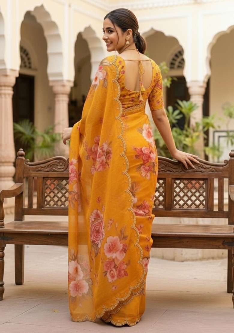 Yellow Printed Georgette Saree Set for Diwali and Festive Wear - Indya