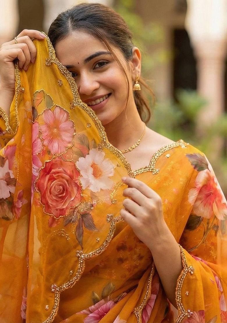 Yellow Printed Georgette Saree Set - Indya