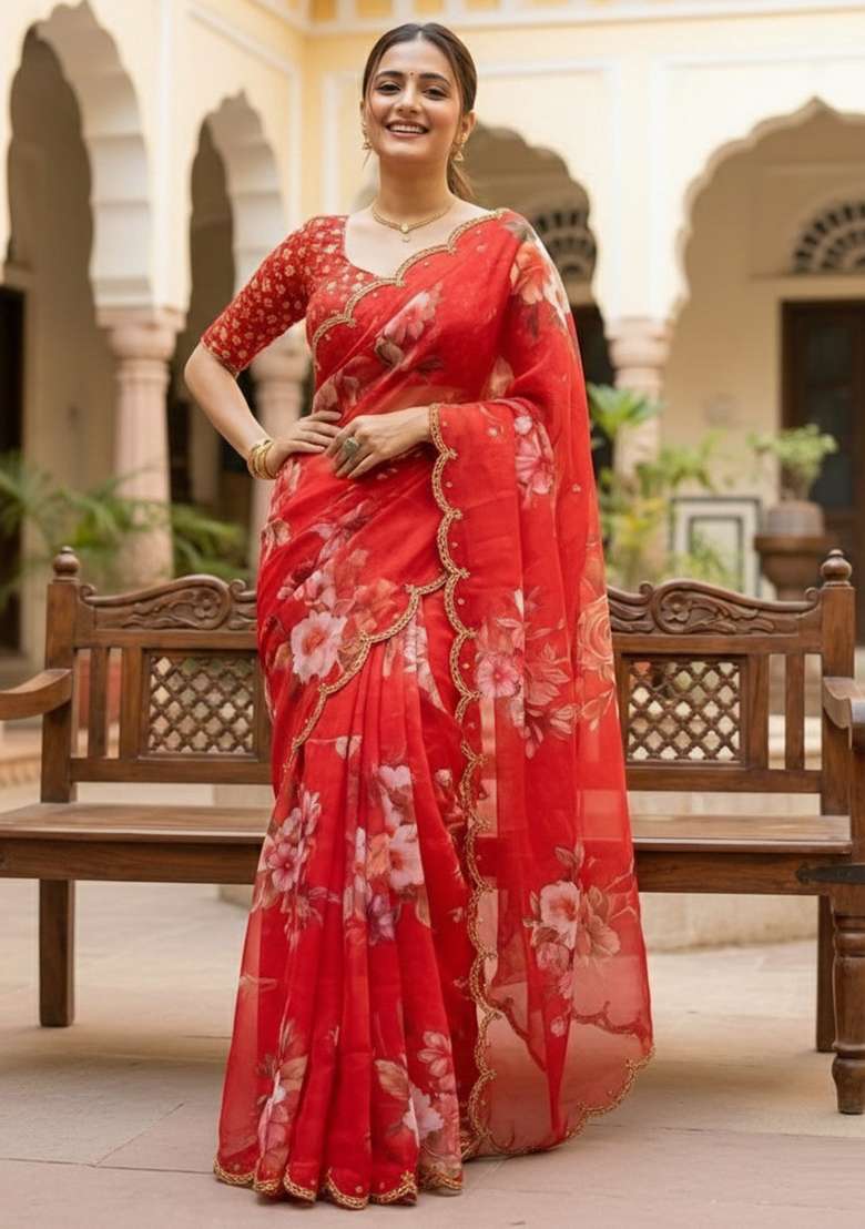 Red Printed Georgette Saree Set for Diwali and Festive Wear - Indya