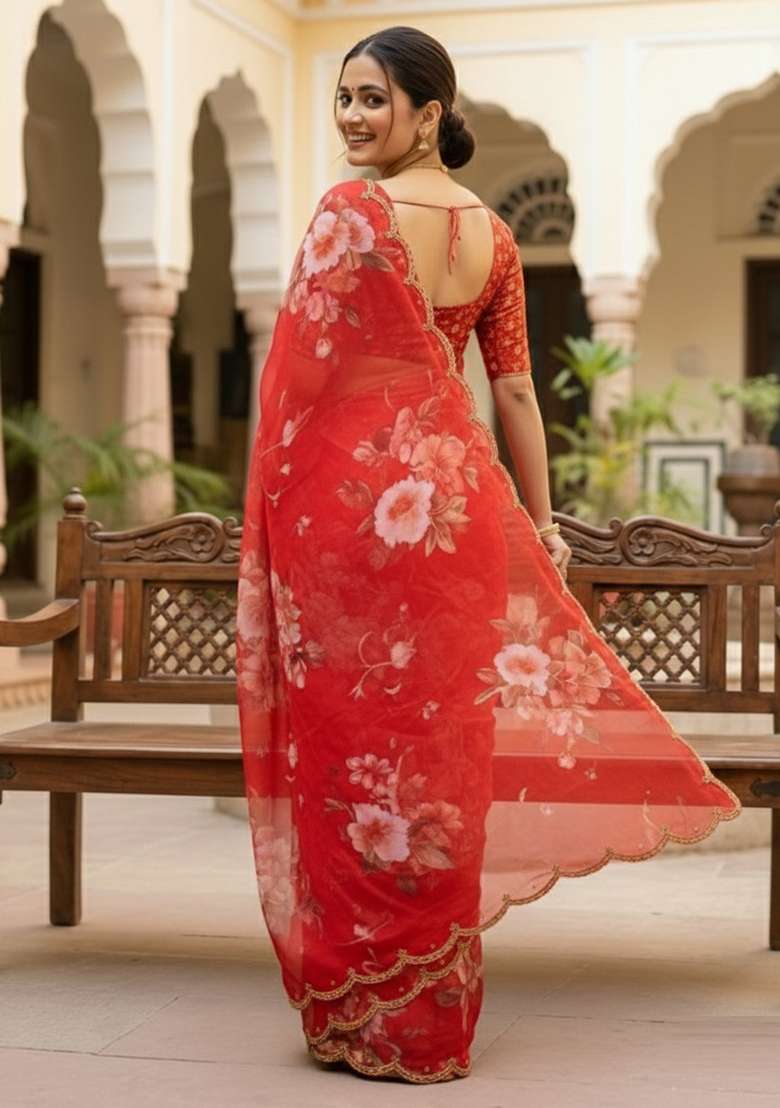 Red Printed Georgette Saree Set for Diwali and Festive Wear - Indya