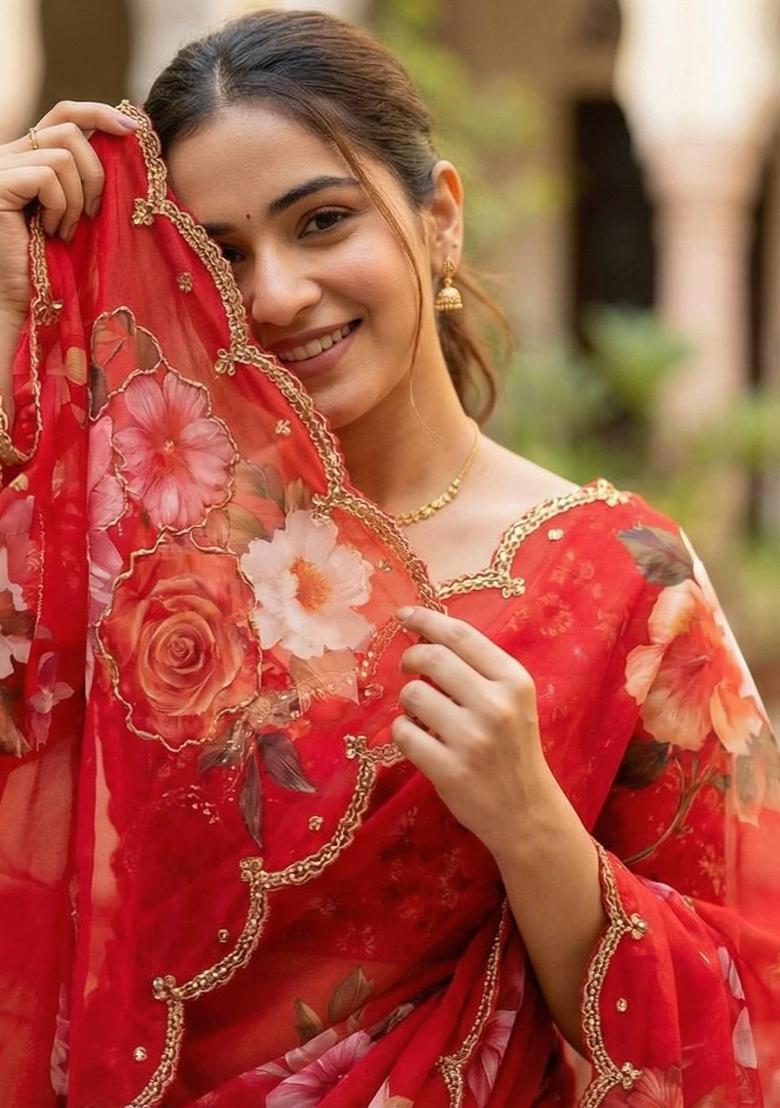 Red Printed Georgette Saree Set - Indya