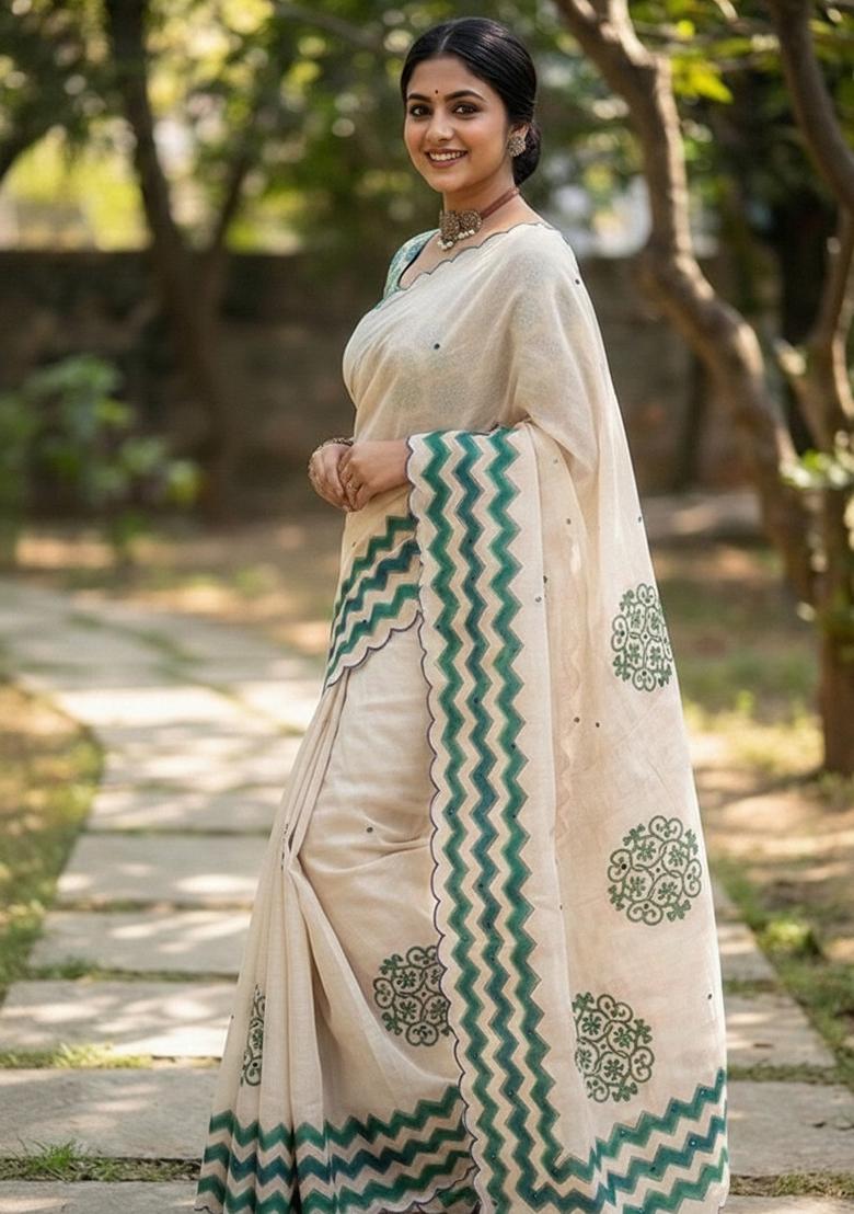 Green Aari Work Shimmer Saree Set - Indya