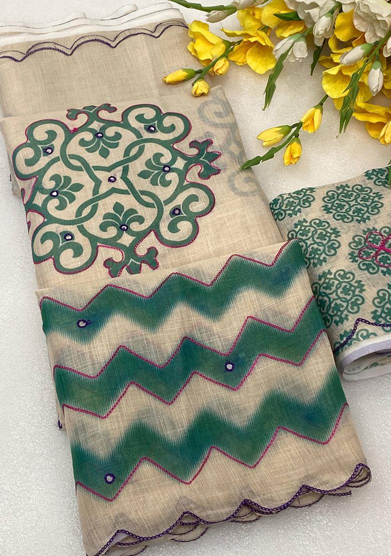 Green Aari Work Shimmer Saree Set - Indya