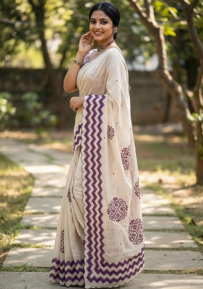 Purple Aari Work Shimmer Saree Set - Indya