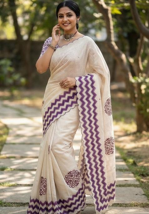 Purple Aari Work Shimmer Saree Set