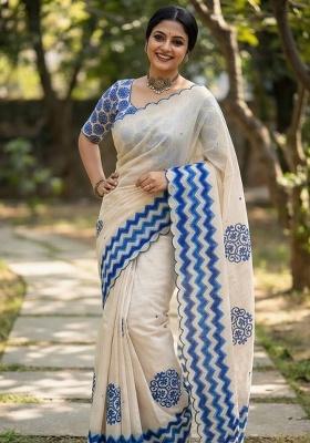 Blue Aari Work Shimmer Saree Set
