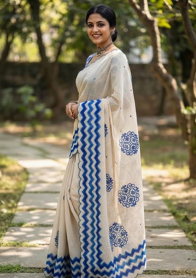 Blue Aari Work Shimmer Saree Set - Indya