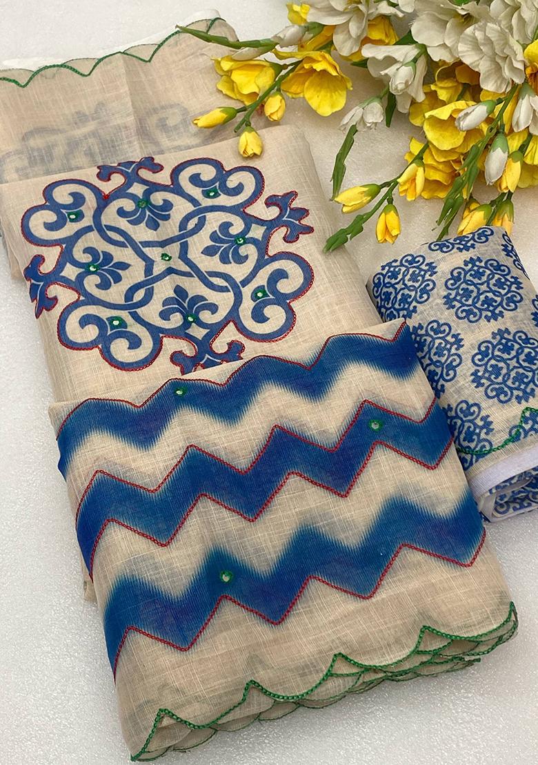 Blue Aari Work Shimmer Saree Set - Indya