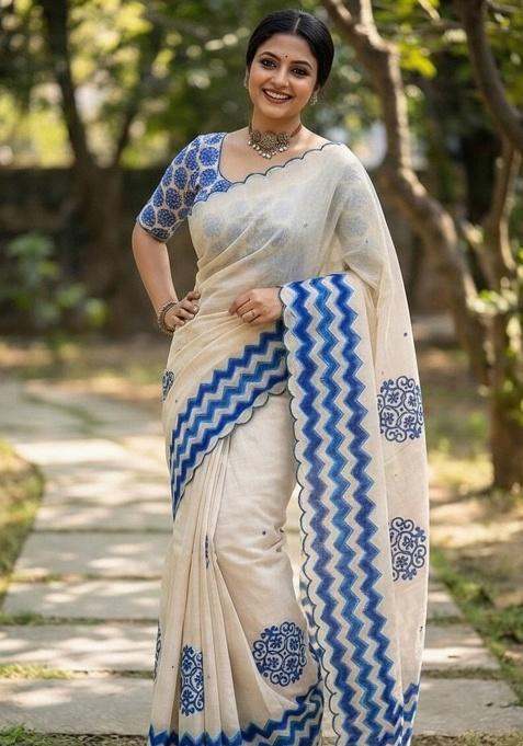 Blue Aari Work Shimmer Saree Set