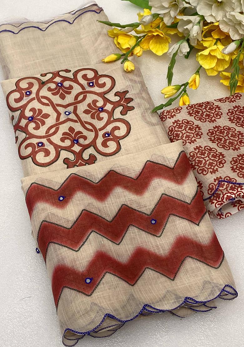 Brown Aari Work Shimmer Saree Set - Indya