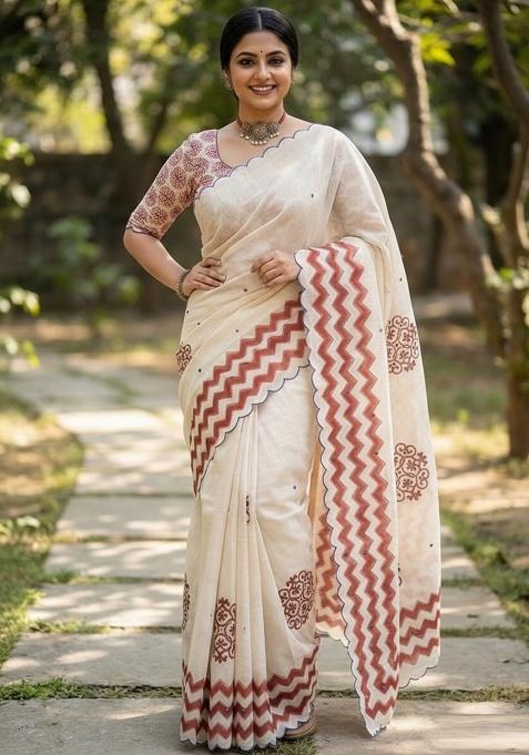 Brown Aari Work Shimmer Saree Set