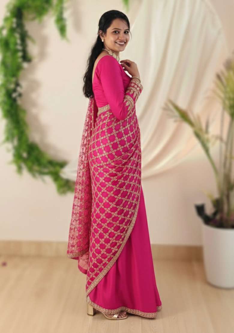 Pink Solid Silk Blend Saree Set for Diwali and Festive Wear - Indya