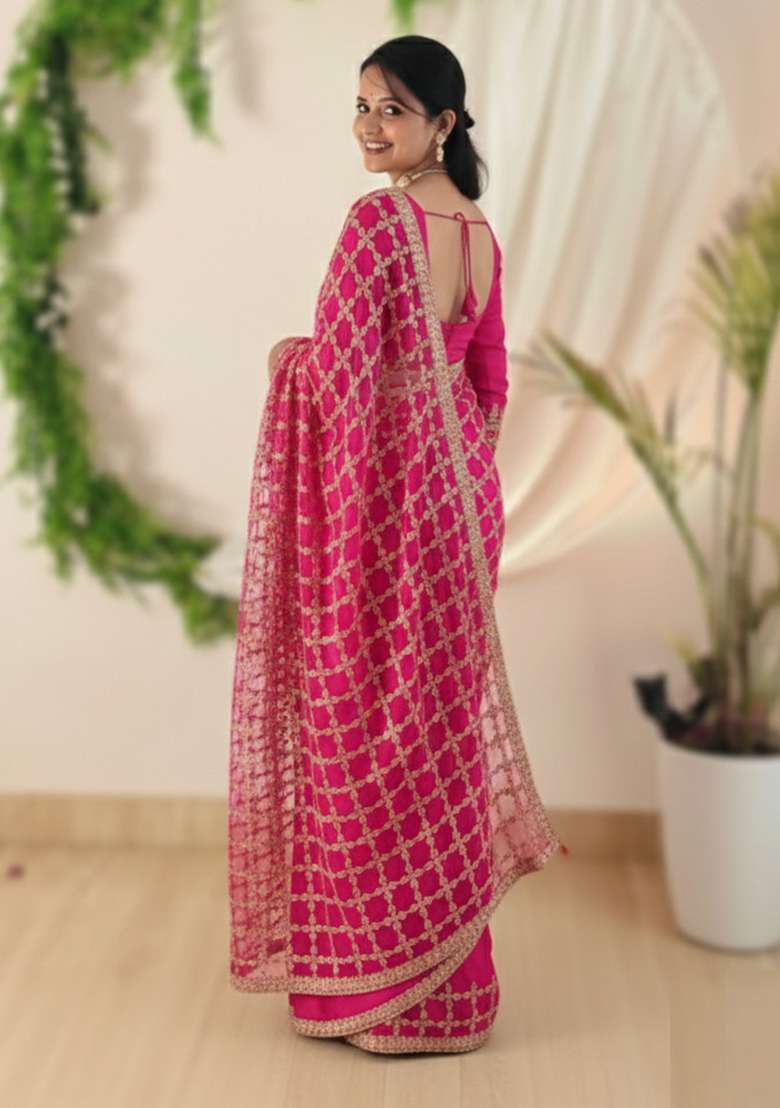 Pink Solid Silk Blend Saree Set for Diwali and Festive Wear - Indya
