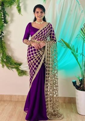 Purple Solid Silk Saree Set